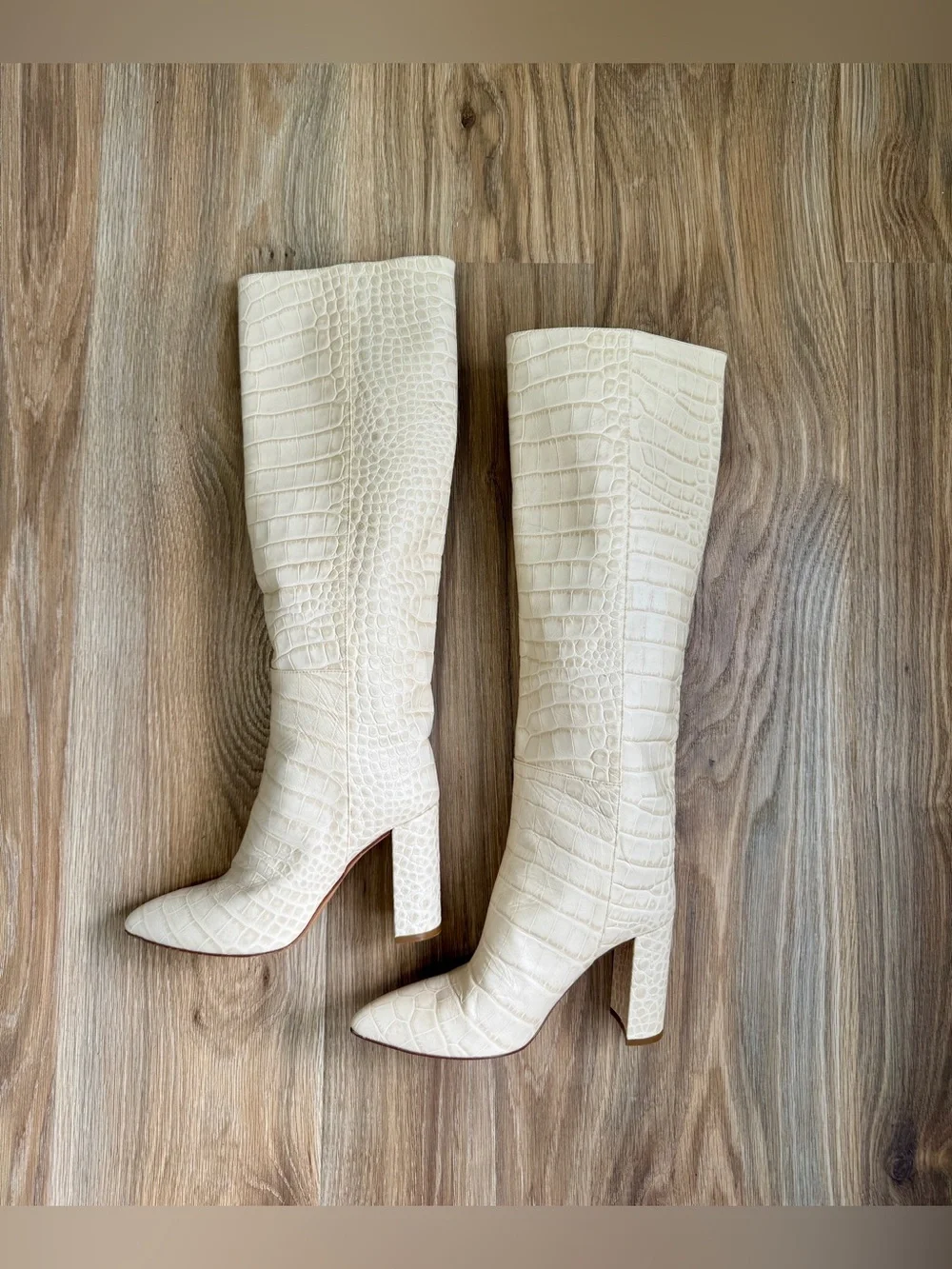 Toral Croc Embossed Knee High Boots Ivory Leather Block Heel Size 39